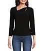 Color:Black - Image 1 - Square Neck 3/4 Sleeve Twisted Detail Top