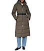 DKNY Stand Collar Attached Hooded Belted Zip Front Long Puffer Jacket - Image 6