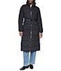 DKNY Stand Collar Attached Hooded Belted Zip Front Long Puffer Jacket - Image 1