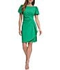 Color:Apple Green - Image 1 - Stretch Crepe Boat Neckline Short Puff Sleeve Ruched Front Sheath Dress