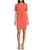 Color:Orange - Image 1 - Stretch Crepe Boat Neckline Short Sleeve Dress