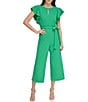 Color:Apple Green - Image 1 - Stretch Crepe Crew Keyhole Neckline Flutter Cap Sleeve Cropped Leg Jumpsuit
