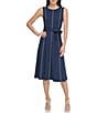 Color:Navy/Cream - Image 1 - Stretch Crepe Jersey Round Neck Sleeveless Fit and Flare Midi Dress