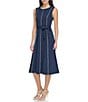 Color:Navy/Cream - Image 3 - Stretch Crepe Jersey Round Neck Sleeveless Fit and Flare Midi Dress