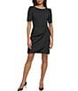 Color:Black - Image 1 - Stretch Crew Neck Short Sleeve D-Ring Wrap Skirt Overlay Sheath Dress