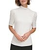 Color:Ivory - Image 1 - Stretch Jersey Knit Mock Neck Short Puff Sleeve Shirt