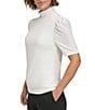 Color:Ivory - Image 4 - Stretch Jersey Knit Mock Neck Short Puff Sleeve Shirt