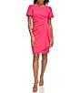 Color:Pink - Image 1 - Stretch Boat Neck Short Puff Sleeve Ruched Sheath Dress