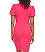 Color:Pink - Image 2 - Stretch Boat Neck Short Puff Sleeve Ruched Sheath Dress