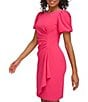 Color:Pink - Image 3 - Stretch Boat Neck Short Puff Sleeve Ruched Sheath Dress