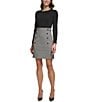 Color:Black/Brown - Image 1 - Stretch Jewel Neckline Long Sleeve Houndstooth Skirt Sheath Dress