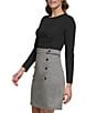 Color:Black/Brown - Image 3 - Stretch Jewel Neckline Long Sleeve Houndstooth Skirt Sheath Dress