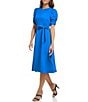 Color:Cobalt - Image 1 - Stretch Crew Neck Short Ruched Sleeve Fit and Flare Midi Dress