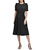 DKNY Stretch Jewel Neck Short Ruched Sleeve Fit and Flare Midi Dress ...