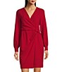 Color:Scarlet - Image 3 - Stretch Long Sleeve Surplice V-Neck Knot Waist Faux Wrap Dress