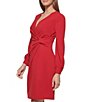 Color:Scarlet - Image 5 - Stretch Long Sleeve Surplice V-Neck Knot Waist Faux Wrap Dress