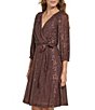 Color:Chocolate - Image 3 - Stretch Sequin Faux Wrap Tie Detail V-Neck Long Sleeve Dress