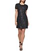 Color:Black - Image 1 - Stretch Sequin Jewel Neck Short Ruched Sleeve Dress
