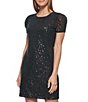 Color:Black - Image 3 - Stretch Sequin Jewel Neck Short Ruched Sleeve Dress