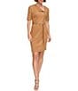 Color:Pecan - Image 1 - Stretch Suede Front Zip Envelope Neckline Short Sleeve Belted Sheath Dress