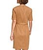 Color:Pecan - Image 2 - Stretch Suede Front Zip Envelope Neckline Short Sleeve Belted Sheath Dress