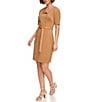 Color:Pecan - Image 3 - Stretch Suede Front Zip Envelope Neckline Short Sleeve Belted Sheath Dress