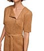 Color:Pecan - Image 4 - Stretch Suede Front Zip Envelope Neckline Short Sleeve Belted Sheath Dress