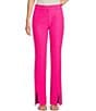 Color:Shocking Pink - Image 1 - Stretch Twill Flat Front Belt Loop Straight Leg Front Slit Trousers