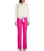 Color:Shocking Pink - Image 3 - Stretch Twill Flat Front Belt Loop Straight Leg Front Slit Trousers