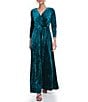 Color:Forest Green - Image 1 - Stretch Velvet Surplice V-Neck 3/4 Sleeve Faux Wrap Dress