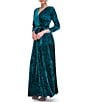 Color:Forest Green - Image 3 - Stretch Velvet Surplice V-Neck 3/4 Sleeve Faux Wrap Dress