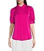 Color:Radiant Pink - Image 1 - Suede Satin Puff Short Sleeve Button-Front Blouse