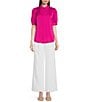 Color:Radiant Pink - Image 3 - Suede Satin Puff Short Sleeve Button-Front Blouse
