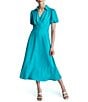 Color:Gulf Blue - Image 1 - Surplice Collar V-Neck Short Puff Sleeve Midi Dress