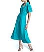 Color:Gulf Blue - Image 3 - Surplice Collar V-Neck Short Puff Sleeve Midi Dress