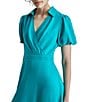 Color:Gulf Blue - Image 4 - Surplice Collar V-Neck Short Puff Sleeve Midi Dress
