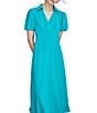 Color:Gulf Blue - Image 6 - Surplice Collar V-Neck Short Puff Sleeve Midi Dress