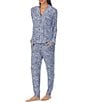 Color:Blue Geo - Image 1 - Sweater Knit Texture Long Sleeve Chest Pocket Notch Collar & Jogger Pajama Set
