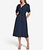 Color:Navy - Image 1 - V-Neck Ruched Sleeve Chiffon Faux Wrap Midi Dress