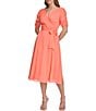 Color:Orange - Image 1 - V-Neck Ruched Sleeve Chiffon Faux Wrap Midi Dress