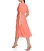 Color:Orange - Image 2 - V-Neck Ruched Sleeve Chiffon Faux Wrap Midi Dress