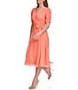 Color:Orange - Image 3 - V-Neck Ruched Sleeve Chiffon Faux Wrap Midi Dress
