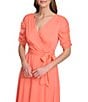 Color:Orange - Image 4 - V-Neck Ruched Sleeve Chiffon Faux Wrap Midi Dress