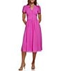 Color:Raspberry - Image 1 - V-Neck Short Sleeve Covered Button Bodice Chiffon A-Line Midi Dress
