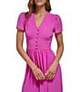 Color:Raspberry - Image 3 - V-Neck Short Sleeve Covered Button Bodice Chiffon A-Line Midi Dress