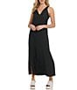 Color:Black - Image 1 - V-Neck Side Slit Sleeveless Woven Linen Waistless Maxi Slip Dress