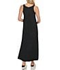 Color:Black - Image 2 - V-Neck Side Slit Sleeveless Woven Linen Waistless Maxi Slip Dress
