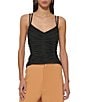 Color:Black - Image 1 - V-Neck Sleeveless Spaghetti Ruched Detail Mesh Knit Top