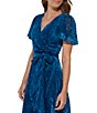 Color:Deep Ocean - Image 4 - Velvet Burnout V-Neck Short Flutter Sleeve Faux Wrap High-Low Dress