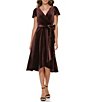 Color:Chocolate - Image 1 - Velvet Short Flutter Sleeve V-Neck Faux Wrap Dress